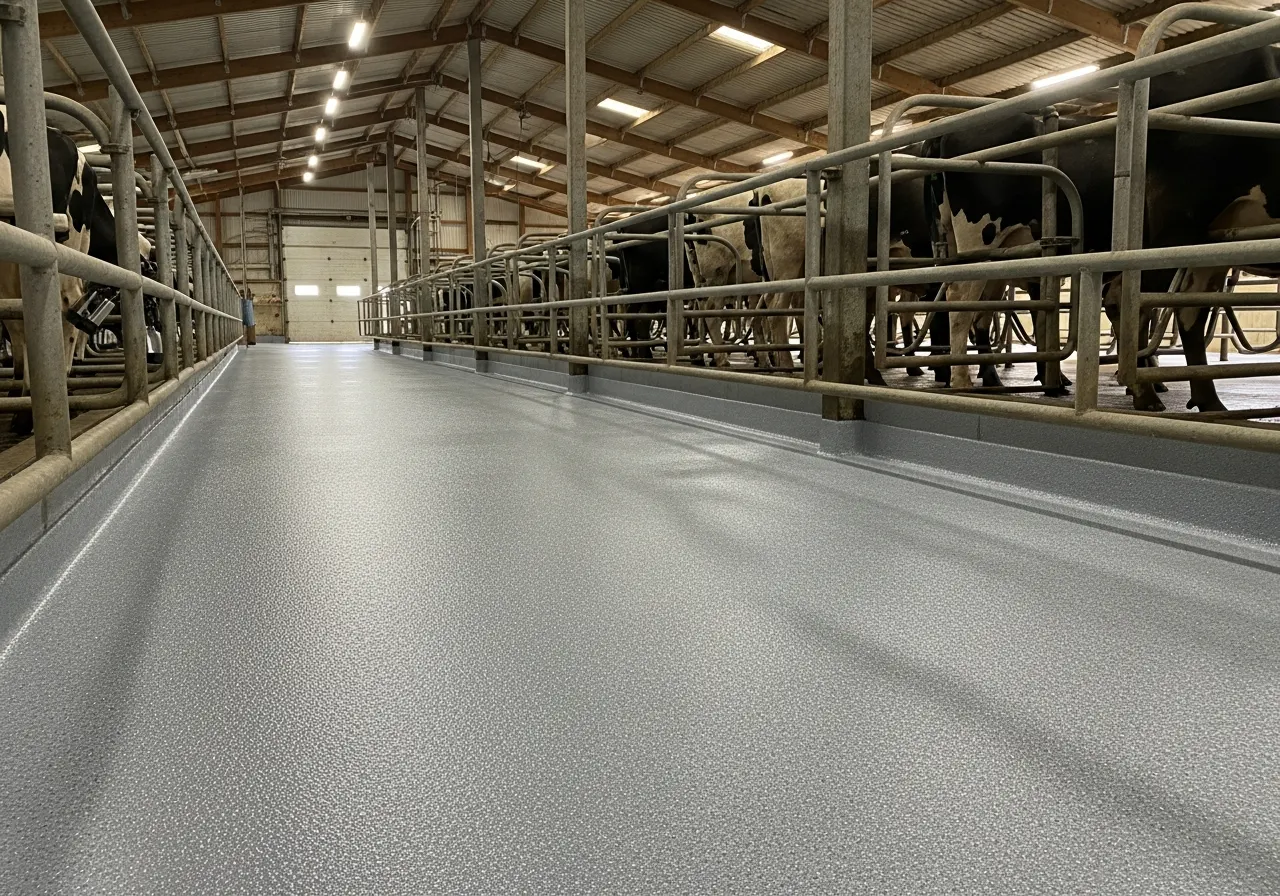 Illustrative example of slip-resistant epoxy flooring in a dairy barn